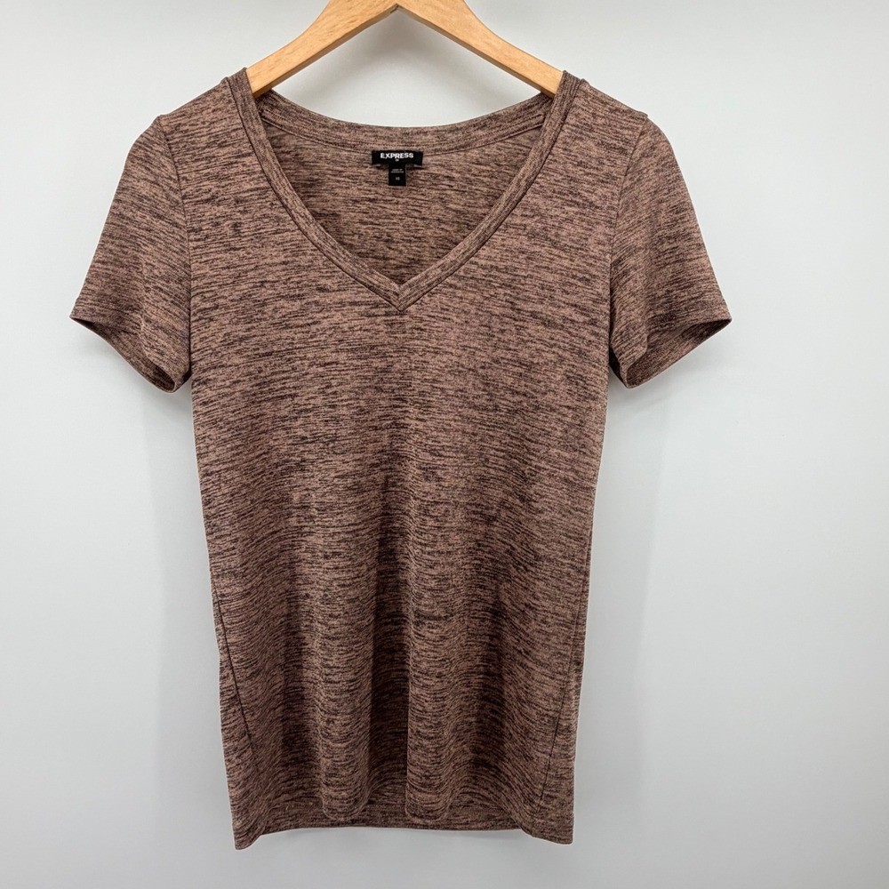 Express T-Shirt Women XS Brown Marled V-Neck Short Sleeve Stretch Casual Basic